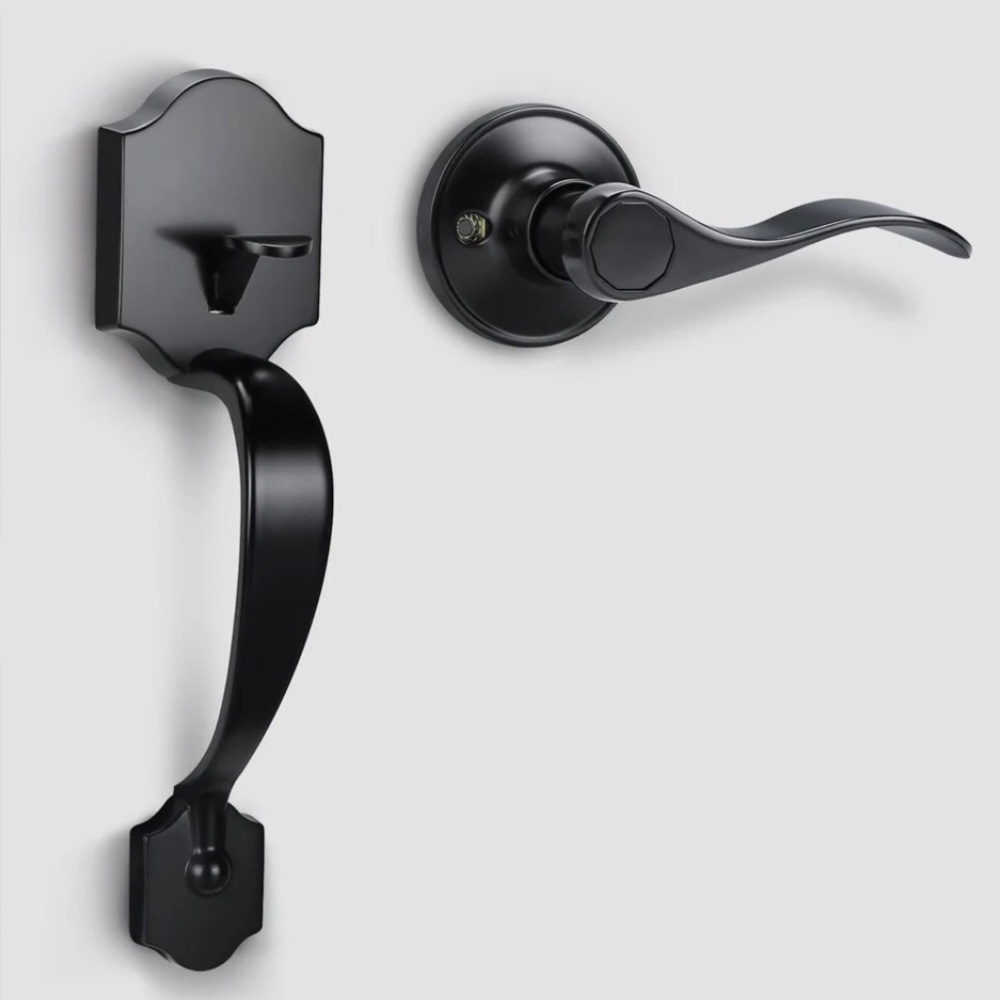 Set of 2 Single Cylinder Front Door Handle Sets Black Reversible Entry Lever